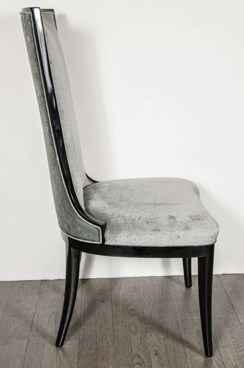 Mid-20th Century Pair of 1940s High Back Occasional Chairs in Ebonized Walnut and Pewter Velvet