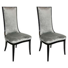 Pair of 1940s High Back Occasional Chairs in Ebonized Walnut and Pewter Velvet