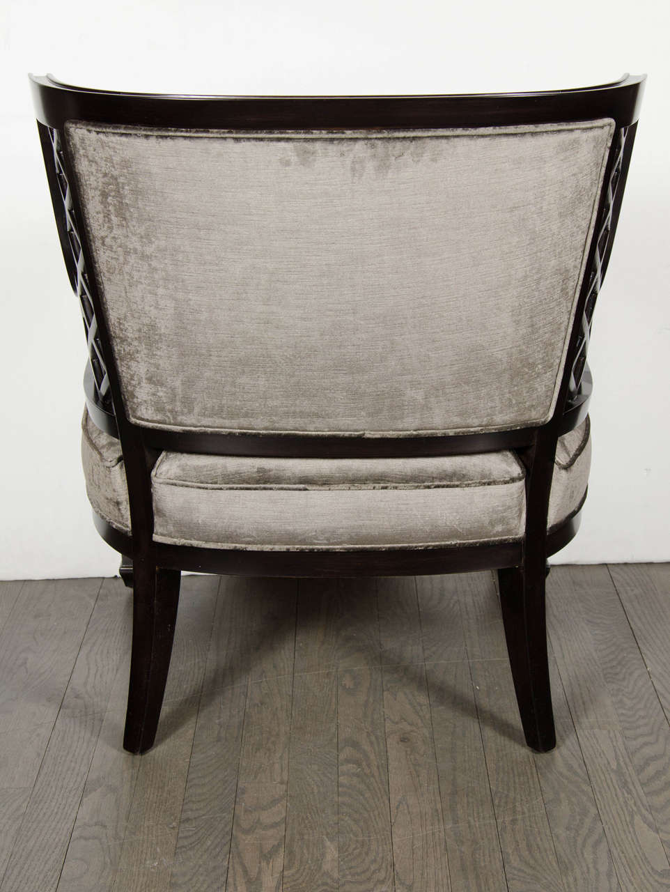 Velvet Pair of Hollywood Ebonized Walnut Lattice Occasional Chairs by Grosfeld House For Sale