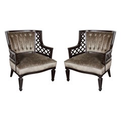 Pair of Hollywood Ebonized Walnut Lattice Occasional Chairs by Grosfeld House