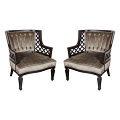 Vintage Pair of Hollywood Ebonized Walnut Lattice Occasional Chairs by Grosfeld House