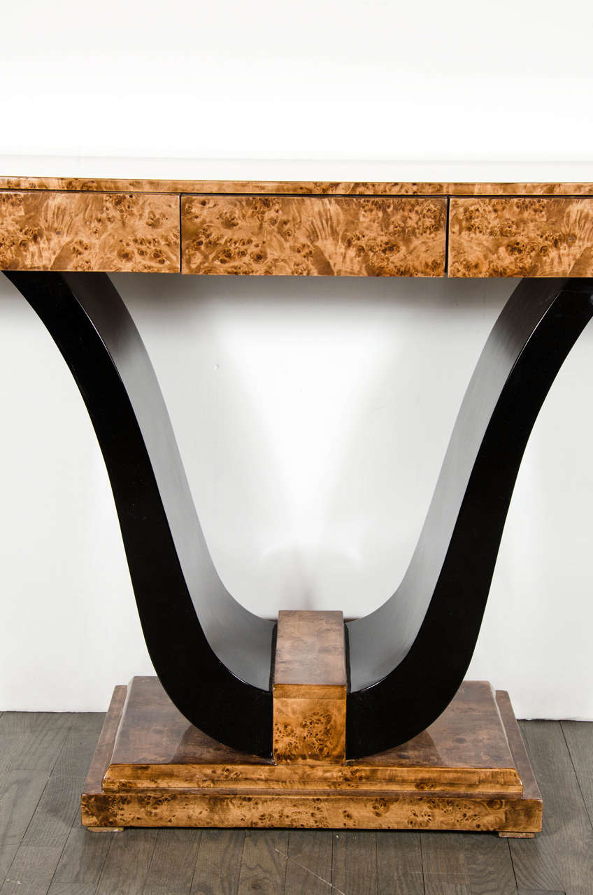 French Gorgeous Art Deco Console with 3 Drawers in Book-Matched Burled Carpathian Elm
