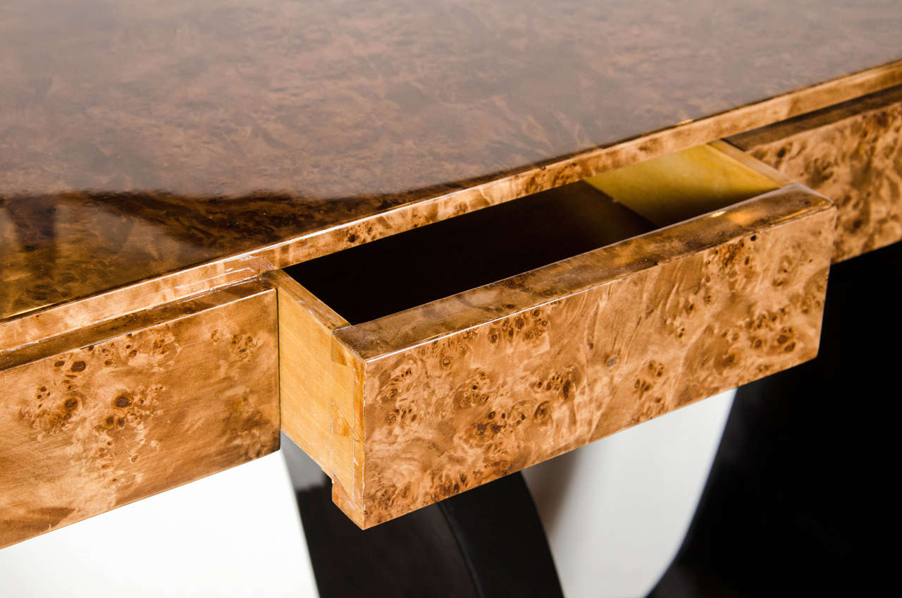 Mid-20th Century Gorgeous Art Deco Console with 3 Drawers in Book-Matched Burled Carpathian Elm