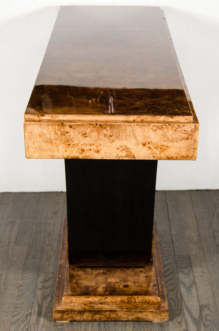Gorgeous Art Deco Console with 3 Drawers in Book-Matched Burled Carpathian Elm 1