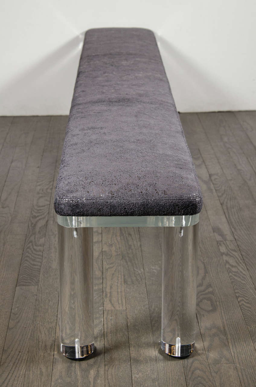 Ultra Chic Mid-Century Modernist Lucite Bench with Faux Shagreen Upholstery 1