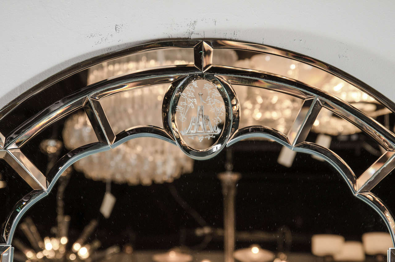 American 1940s Classical Mirror with Reverse Etched Detailing and Architectural Design