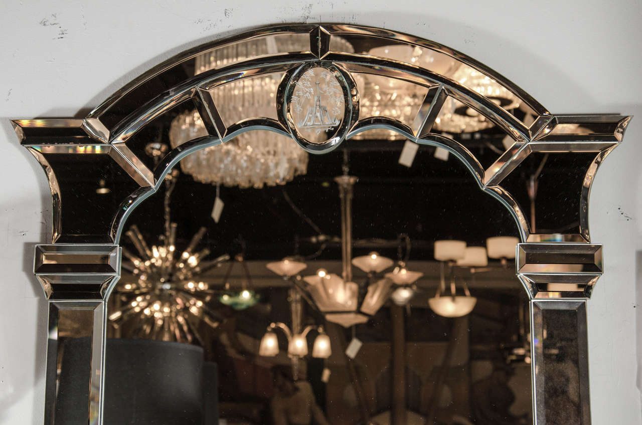 1940s Classical Mirror with Reverse Etched Detailing and Architectural Design In Excellent Condition In New York, NY