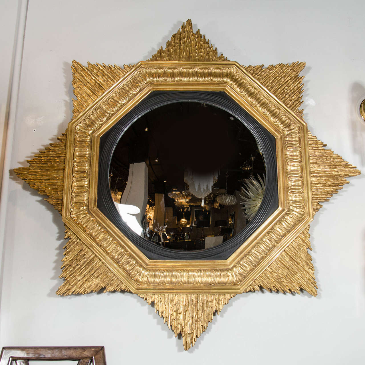 Stunning Art Deco Style Starburst Convex Mirror with 24-Karat Gilt Surround