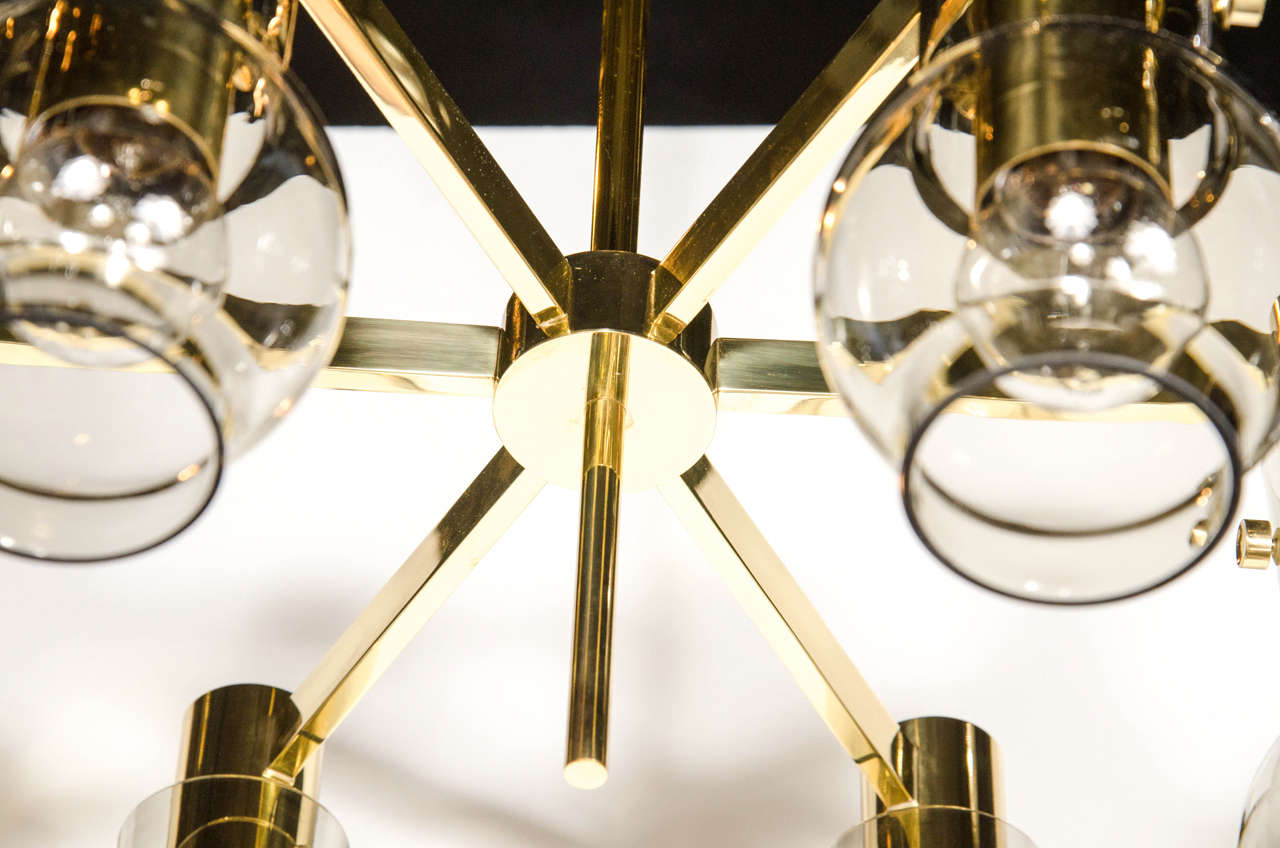 Mid-Century Modern Brass & Smoked Glass 6-Arm Chandelier by Hans Agne Jakobsson In Excellent Condition For Sale In New York, NY