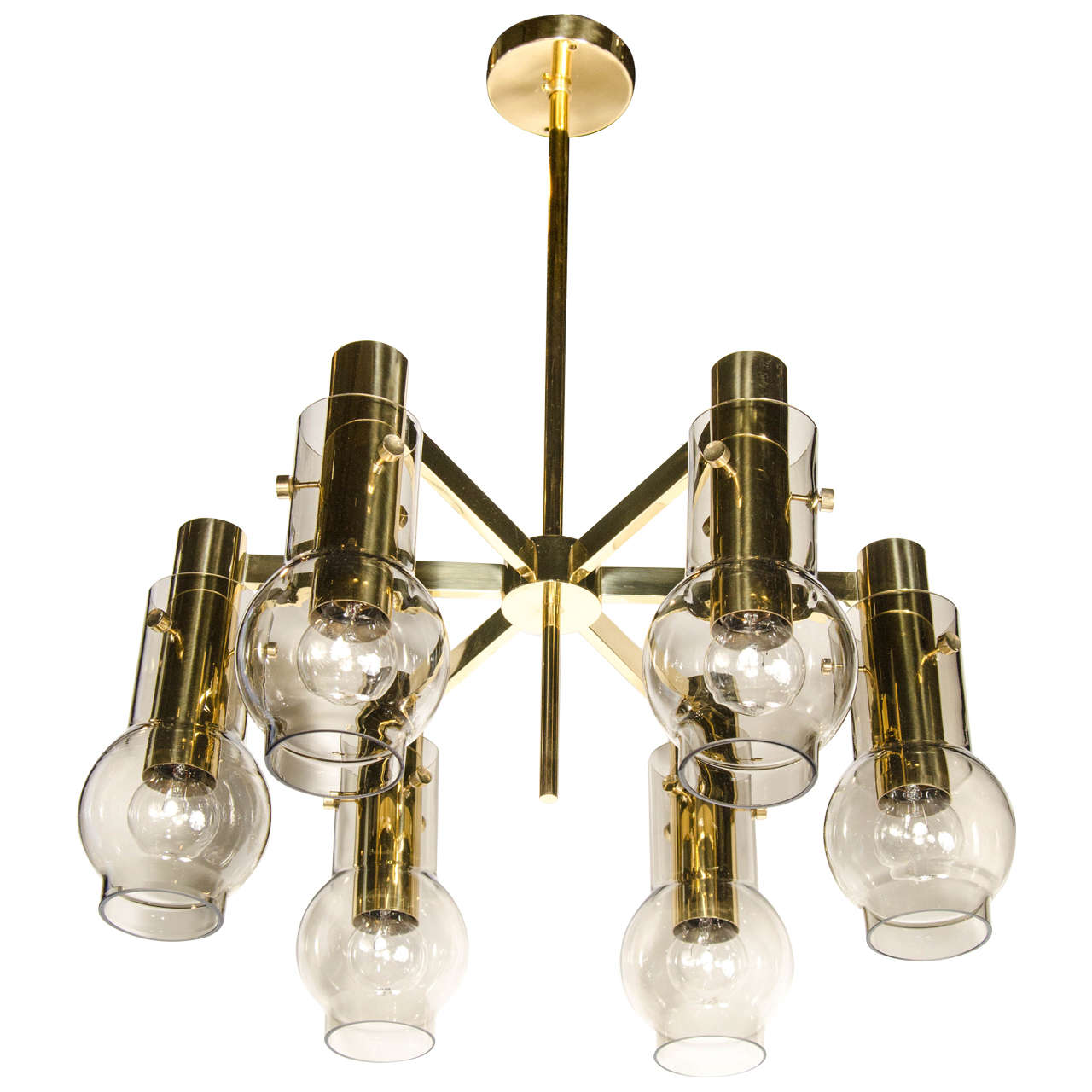 Mid-Century Modern Brass & Smoked Glass 6-Arm Chandelier by Hans Agne Jakobsson For Sale