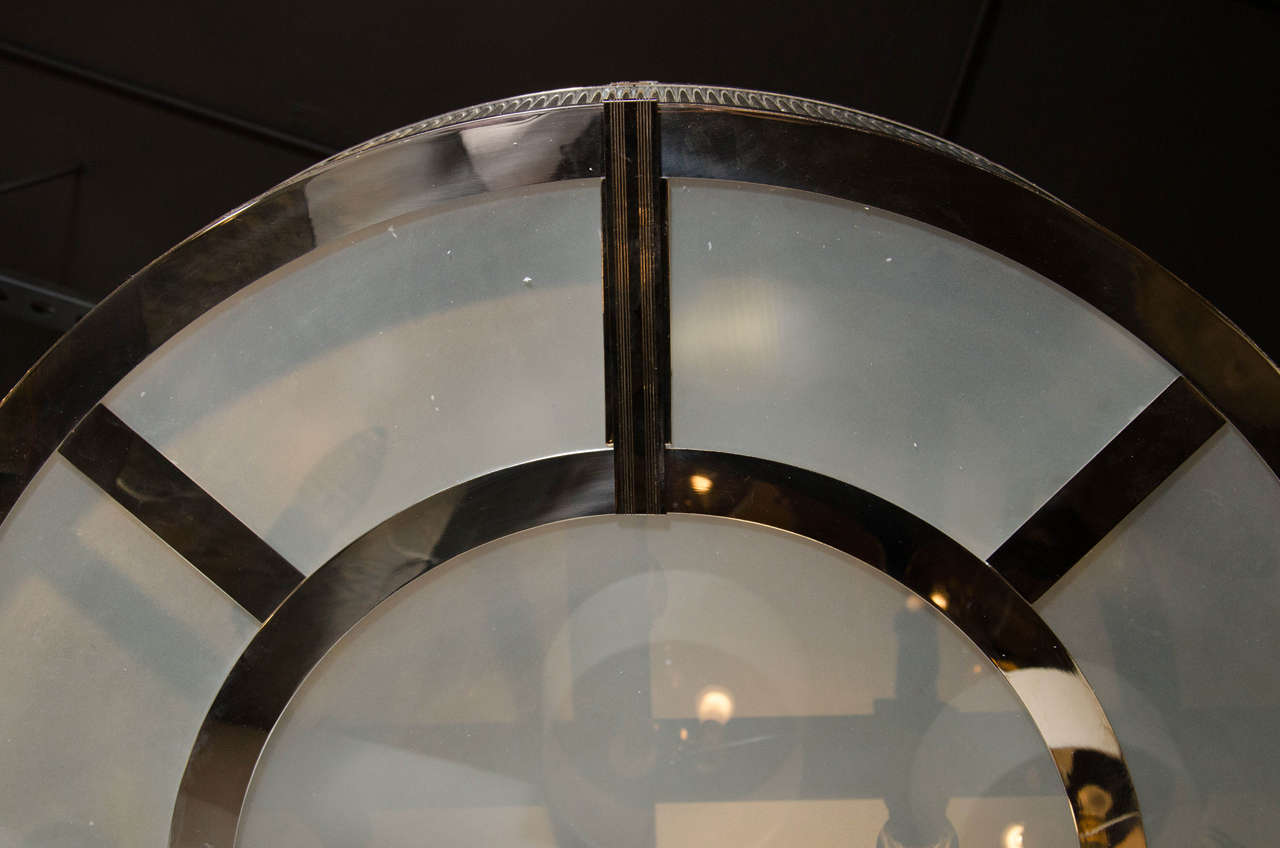 French Streamline Art Deco Style Circular Chandelier in Polished Nickel & Glass