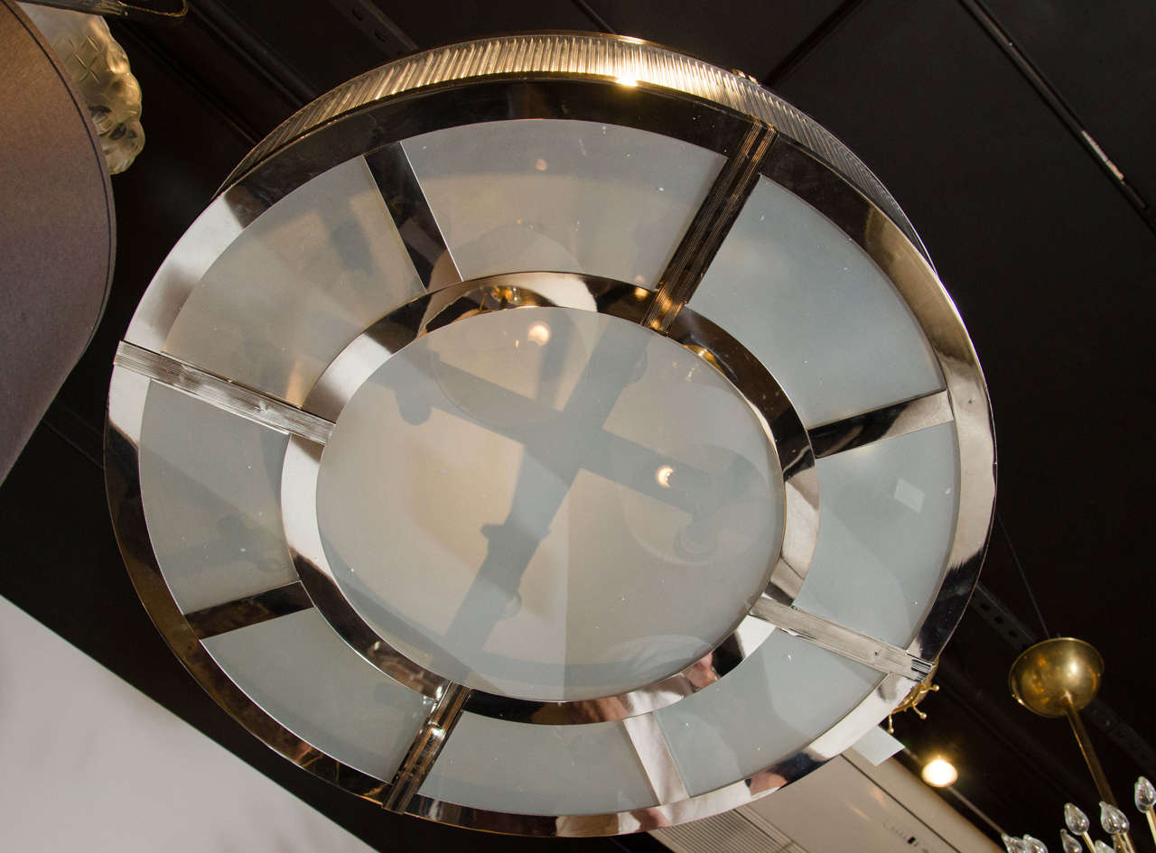 Streamline Art Deco Style Circular Chandelier in Polished Nickel & Glass In Excellent Condition In New York, NY