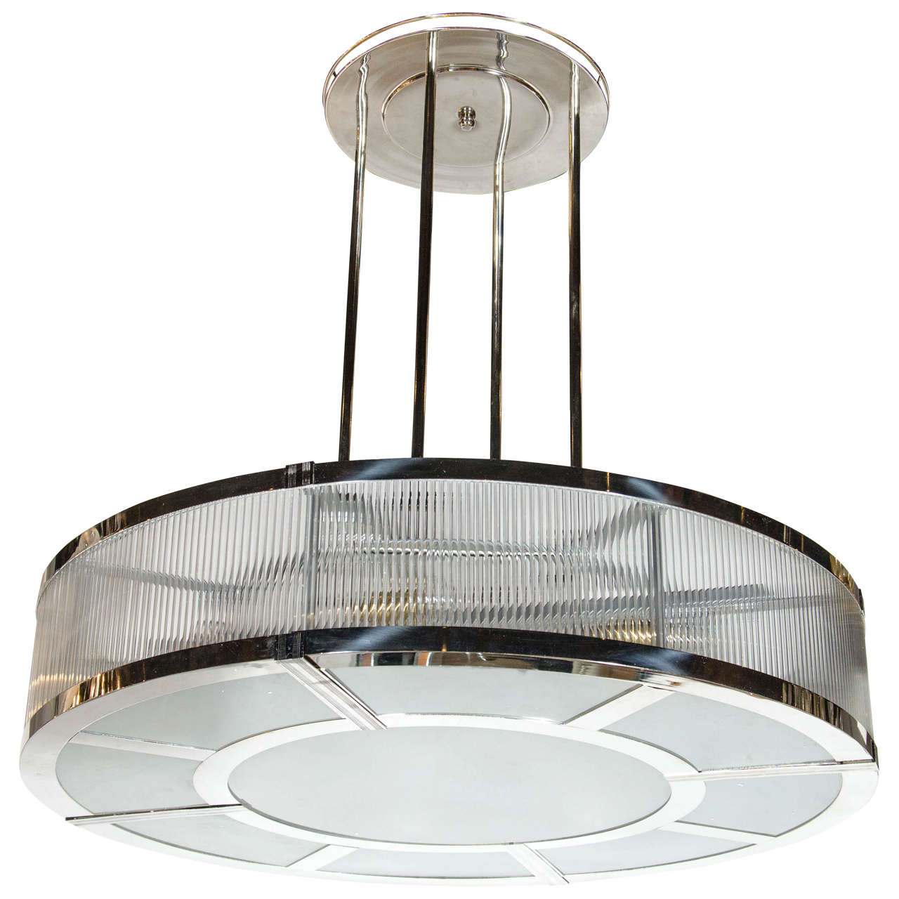 Streamline Art Deco Style Circular Chandelier in Polished Nickel & Glass