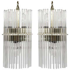 Pair of Mid-Century Modernist Glass Rod Pendant Chandeliers by Lightolier