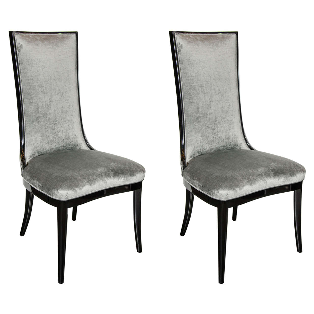 Pair of 1940s High Back Occasional Chairs in Ebonized Walnut and Pewter