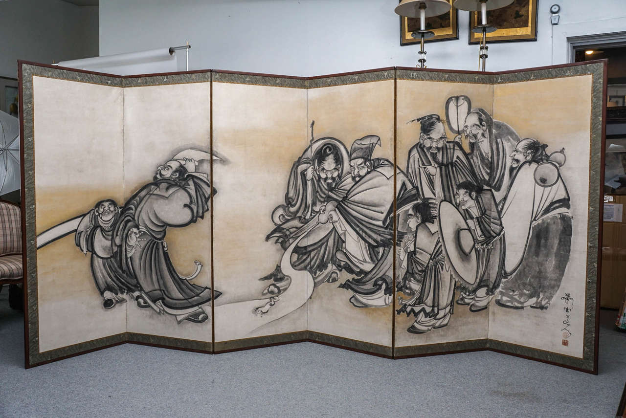 Japanese hand-painted screen. Soga Shohaku. Japanese painter of the mid-Tokugawa period who tried to Revive the brush-style drawing of the great masters of the Muromachi period.