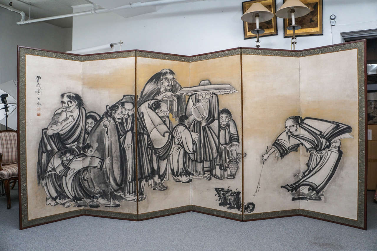 Japanese hand-painted hanging screen. Soga Shohaku, Japanese painter of the mid-Tokugawa period who tried to revive the brush-style drawing of the great masters of the Muromachi period.