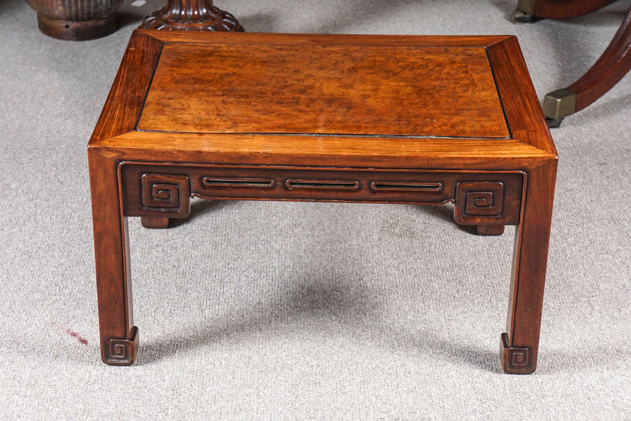 Chinese kang table, very fine carving with burl wood surface.