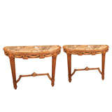 Pair of Demi-lune gilt console tables with marble tops