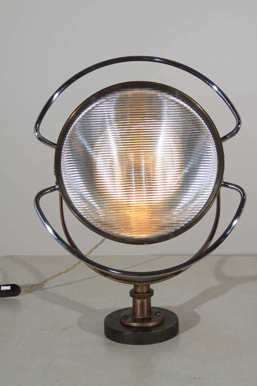 Refinished medical light, mounted on custom steel bases.  Lense replaced with reed glass.  Rewired with old-new wire.  One light remaining, priced $950.  18