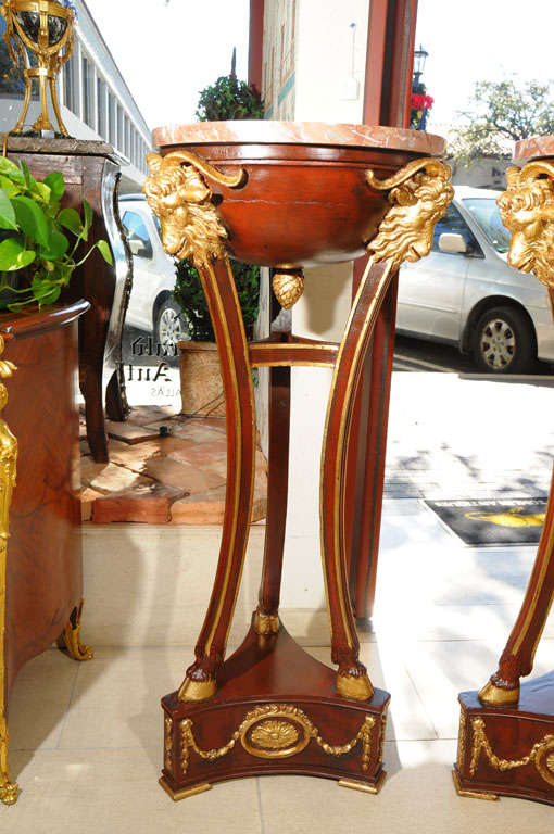French 19th c pr of Louis XVI mahogany and parcel gilt with marble tops For Sale