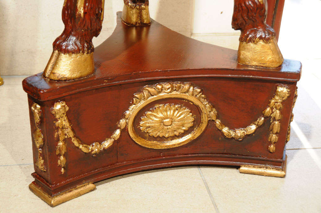 Wood 19th c pr of Louis XVI mahogany and parcel gilt with marble tops For Sale