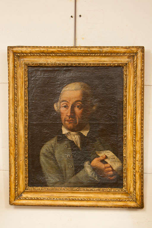 A Charming Oil on Canvas of a Man, Probably Neopolitan, Holding a Document. In a Carved and Gessoed Frame.