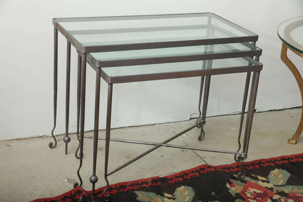 Set of three nesting tables with metal frame and glass inserts