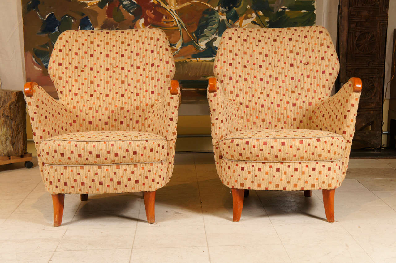 Pair of Art Deco armchairs from Sweden, with birch, newly reupholstered.