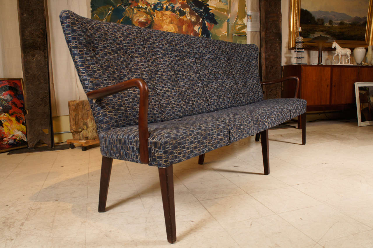 Danish cabinetmaker mahogany four-seater bench/settee, 1940s; newly reupholstered.