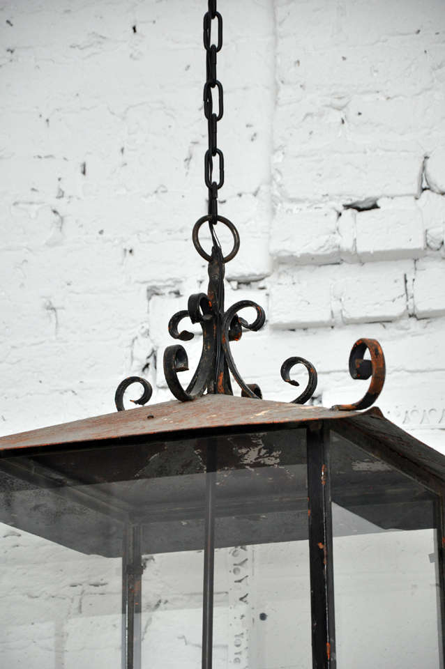 Glass Continental Style Black Iron Lantern For Sale