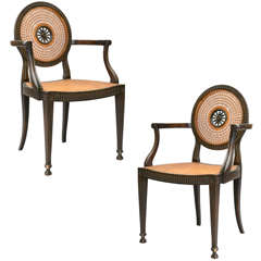 Pair of Caned Armchairs with Round, Pierced Back