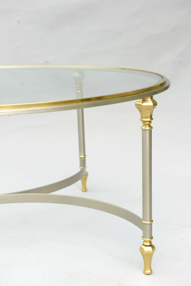 Italian Round Cocktail Table of Polished Steel with Brass Accents