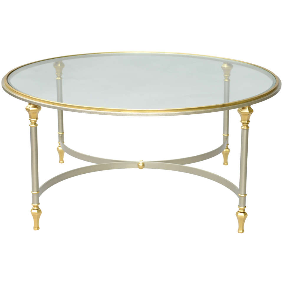 Round Cocktail Table of Polished Steel with Brass Accents