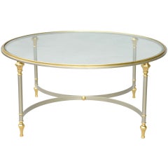 Round Cocktail Table of Polished Steel with Brass Accents