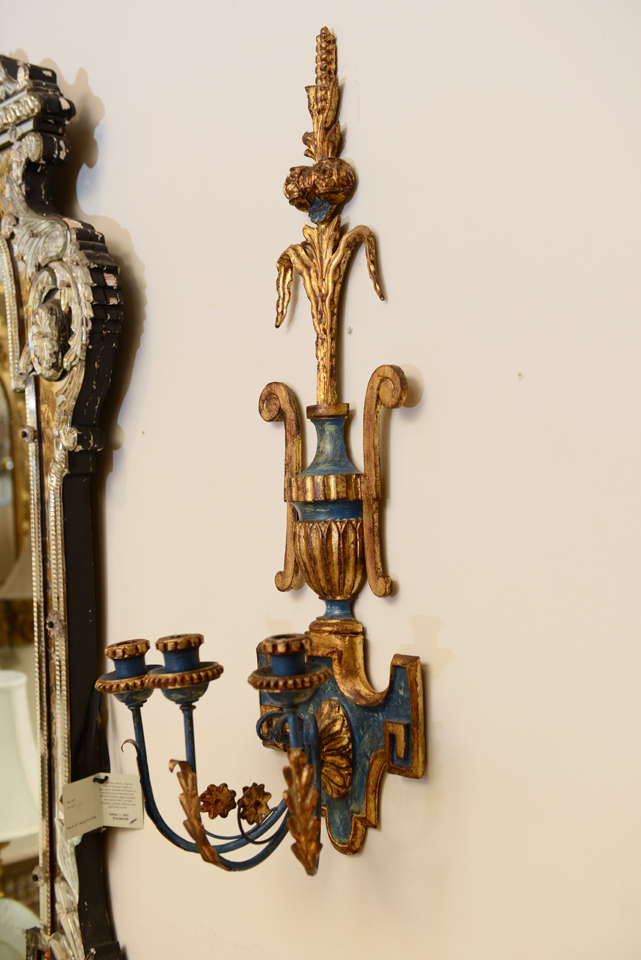 Pair of Dramatic Italian Carved Wood Sconces In Excellent Condition In West Palm Beach, FL