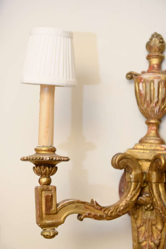 Pair of 19c. Louis XVI Giltwood Sconces In Good Condition In West Palm Beach, FL