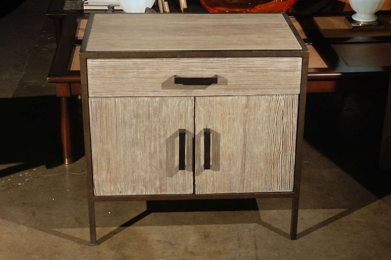 Paul Marra Distressed Fir Nightstand shown with embossed faux bronze framing.