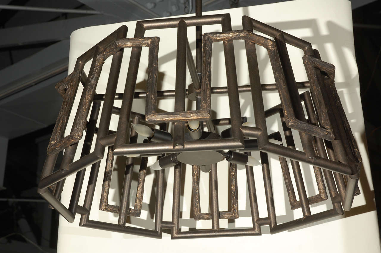 Modern Paul Marra Trellis Chandelier shown in oil rubbed bronze and with eight-light sputnik cluster. Also available to order in other variations. Limited availability, by order.