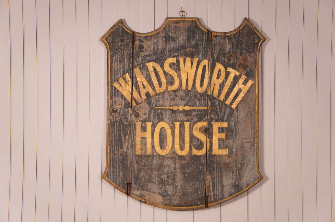 c 1920's Wadsworth House sign - gold leaf lettering on weathered black - pin stripping detail - two sided - nicely weathered with some minor loss and shrinkage