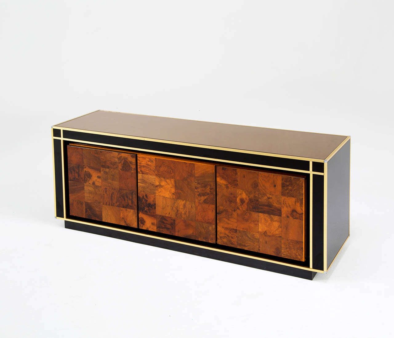 Mid-20th Century Double Sided -  French Buffet in Black Glass, Brass and Burlwood