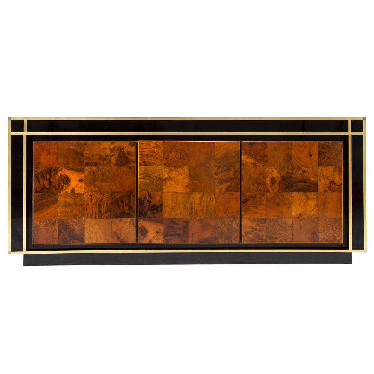 Double Sided -  French Buffet in Black Glass, Brass and Burlwood