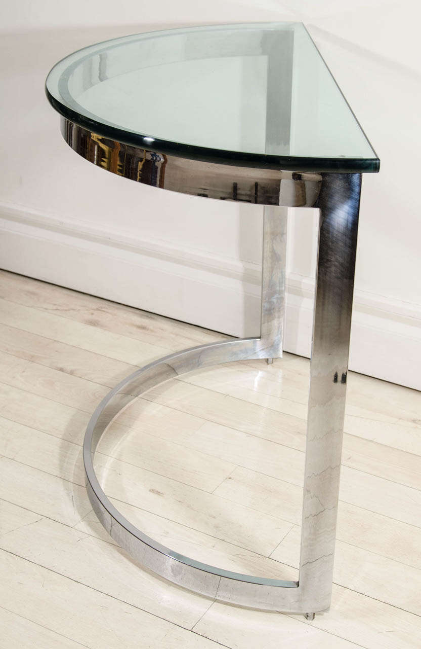 French Pair of Mid-Century Modern Chrome and Glass Demilune Console Tables For Sale