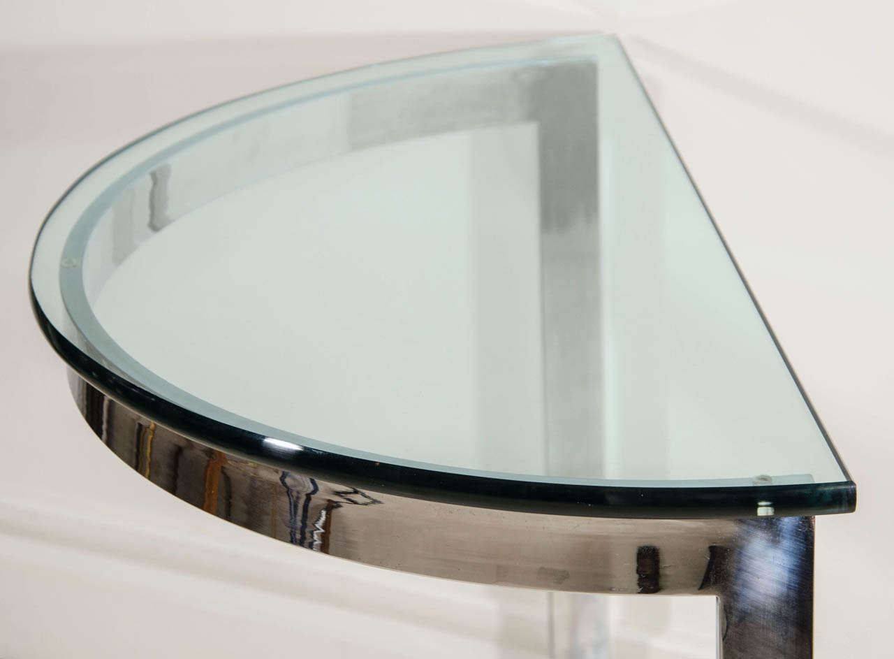 Pair of Mid-Century Modern Chrome and Glass Demilune Console Tables In Excellent Condition For Sale In New York, NY
