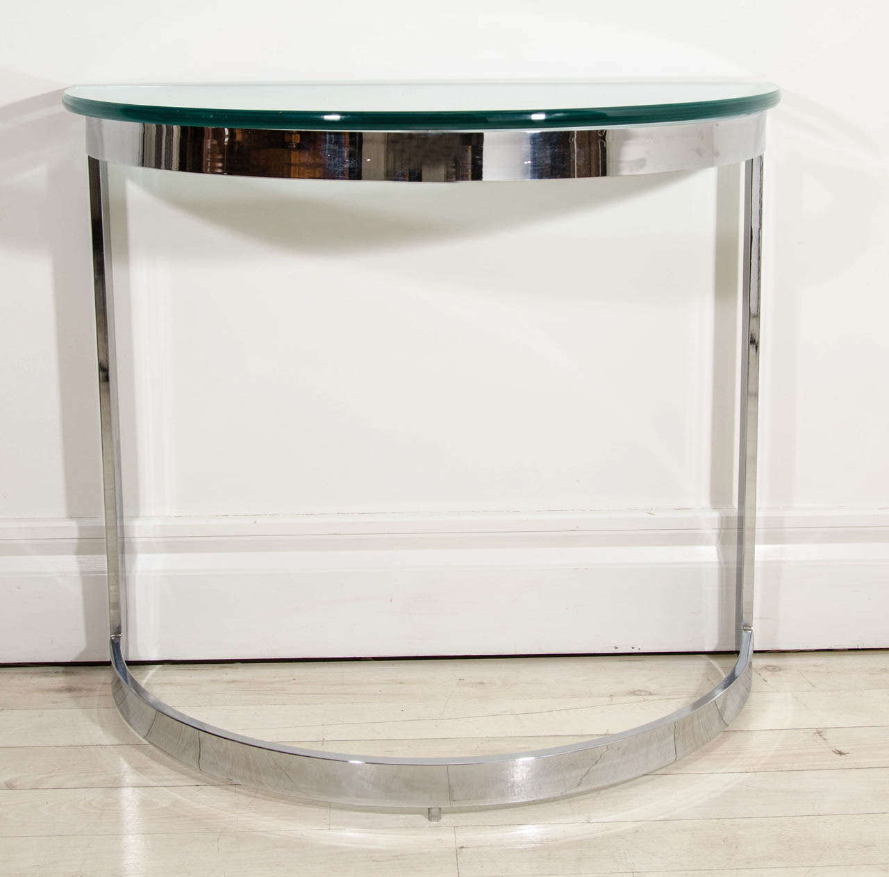 Pair of MidCentury Modern Chrome and Glass Demilune Console Tables For