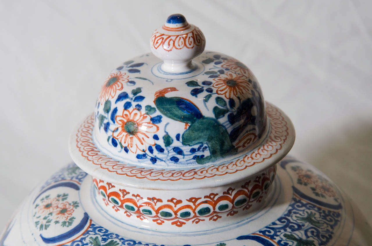 A Pair of Dutch Delft Polychrome Covered Jars 1