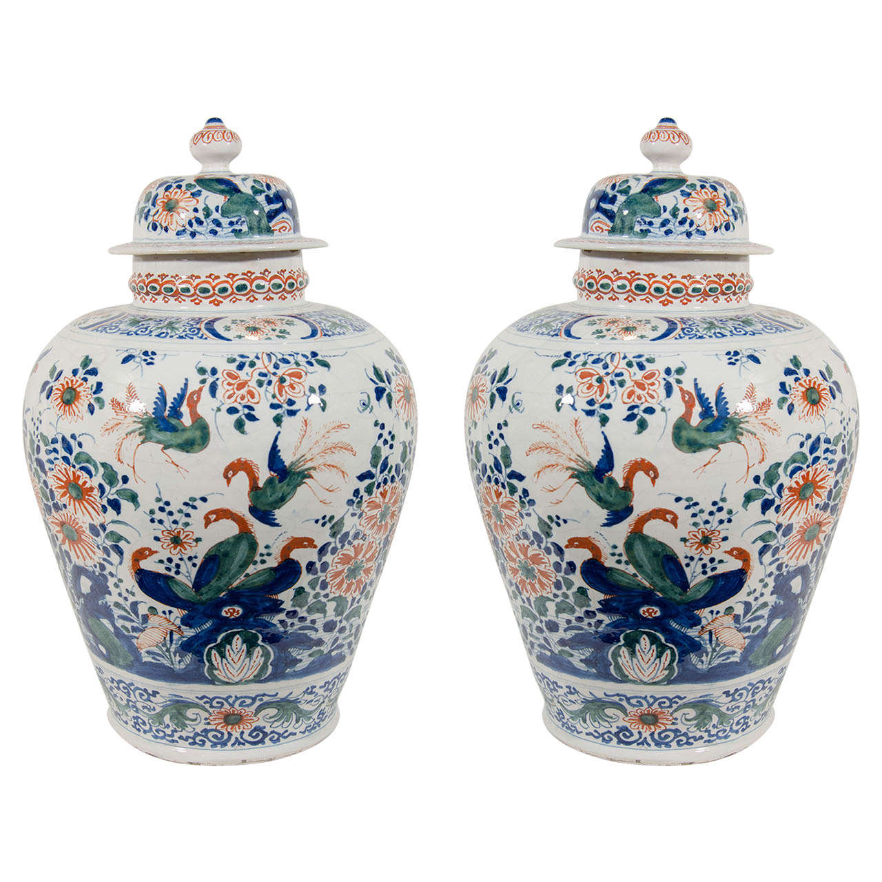 A Pair of Dutch Delft Polychrome Covered Jars