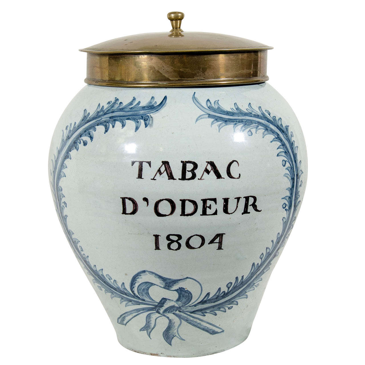 Ancien pot à tabac bleu et blanc de Delft:: daté de 1804