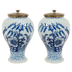 Antique A Pair of Small Dutch Delft Blue and White Covered Jars