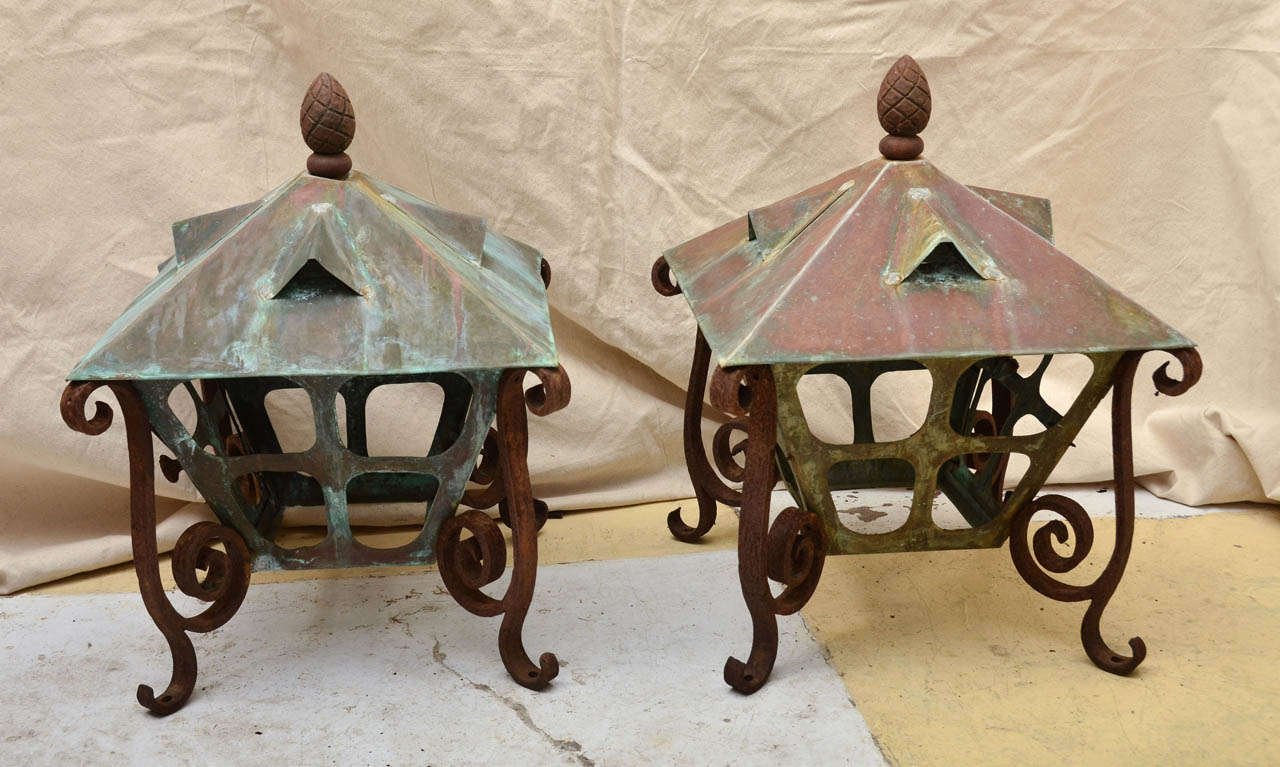 Pair Of American Arts & Crafts Wrought Iron & Copper Lanterns